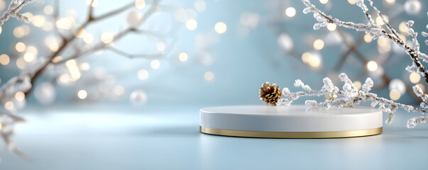 Festive round podium in Christmas and New Year theme. Winter background in blue and icy tones with subtle festive elements of snowflakes and bright lights. Horizontal format, copy space.