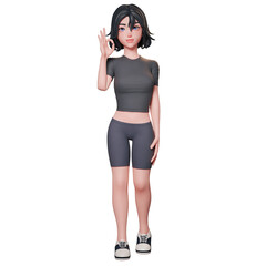 3D illustration of a sporty girl in black. showing ok hand gesture using her left hand. approve pose, Cute cartoon style.