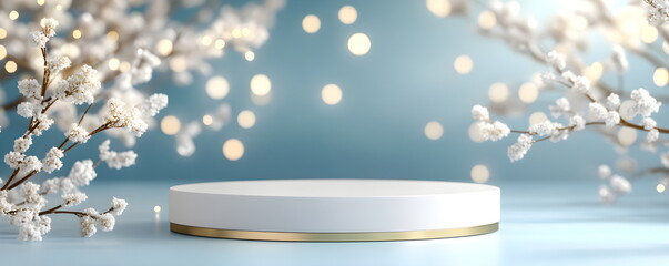 Festive round podium in Christmas and New Year theme. Winter background in blue and icy tones with subtle festive elements of snowflakes and bright lights. Horizontal format, copy space.