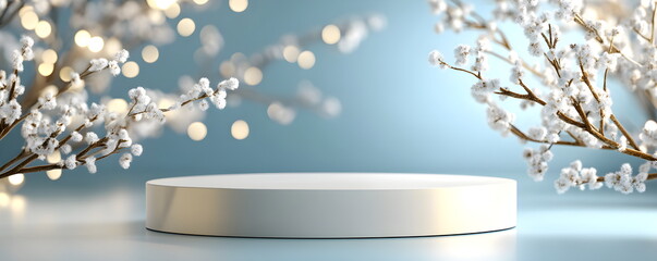 Festive round podium in Christmas and New Year theme. Winter background in blue and icy tones with subtle festive elements of snowflakes and bright lights. Horizontal format, copy space.