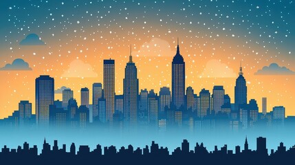 Obraz premium A stylized city skyline at dusk with stars and clouds.