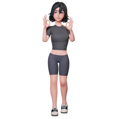 3D illustration of a sporty girl in black. showing ok hand gesture using her both hands. approve pose, Cute cartoon style.