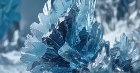 Crystalline blue ice fragment with jagged edges and frosty texture,  frost,  crystal