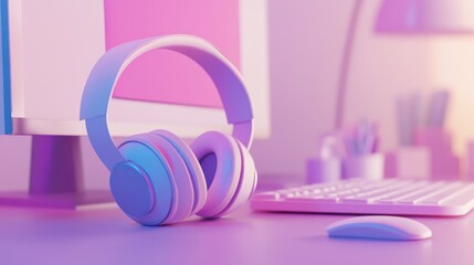 Pastel pink headphones rest on a desk next to a computer, keyboard, and mouse in a minimalist, vibrant setting.
