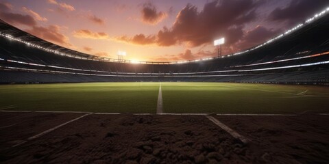 Darkened stadium under sunset with lights on the field,  darkness,  sunset