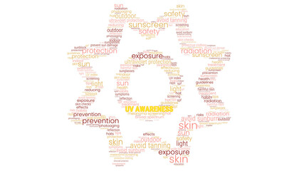 Colored word cloud collage for UV Awareness month.  Concept for screening, health education, promotion, UV safety, sun safety.