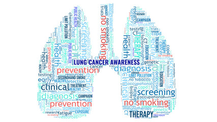 Colored word cloud collage for Lung Cancer Awareness month.  Concept for screening, health education, promotion.