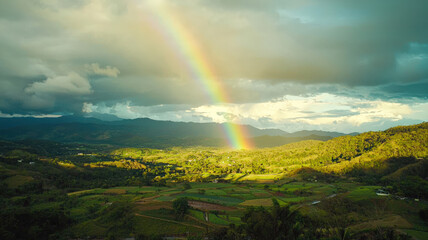 A brilliant rainbow arcs over a lush green valley, illuminated by sunlight breaking through the clouds after a refreshing rainstorm, creating a vibrant and picturesque landscape.