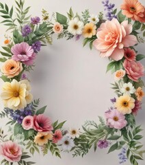 Delicate watercolor floral wreath with various colorful flowers and greenery,  garden,  botanical