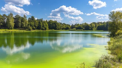Fototapeta premium Serene Coastal Lake with Lush Green Surroundings