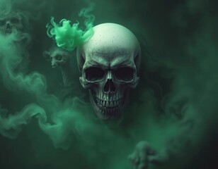 Surreal skull surrounded by smoke, dust. Dark, disturbing digital art evokes feeling of anguish, despair. Distorted skull shows signs of decay, suffering. Green smoke adds to surreal atmosphere.
