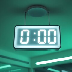 0:00 Digital Clock Suspended from Ceiling in a Sleek, Green-Lit Room