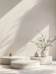 Minimalist scene with three round podiums, vases, and branches in sunlight.