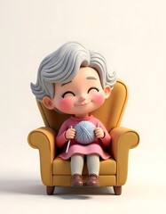Smiling Granny 3D Render Knitting Yarn Chair