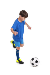 Boy with soccer ball playing football on white background