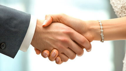 Obraz premium A businessman and businesswoman shaking hands after successfully signing a contract, symbolizing agreement and partnership in a professional setting. 