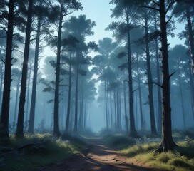 Fototapeta premium Forest landscape with blue silhouettes of trees, trees, wild animals