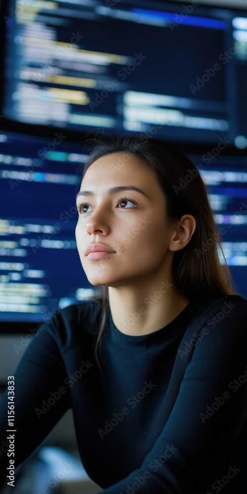 Poster a woman is looking at a computer screen with a lot of text on it. she is focused and attentive