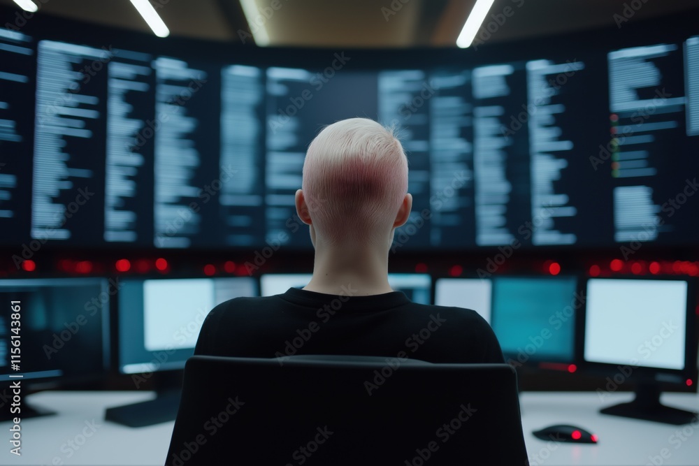 Poster a man sits in front of a computer monitor with a red head. the man is bald and has a red head