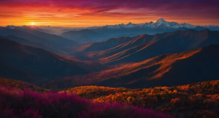 Obraz premium A breathtaking sunset wallpaper over a deep mountain valley, showcasing vibrant autumn foliage and distant snow-capped peaks, creating a majestic nature background
