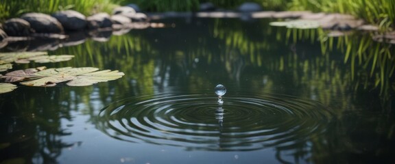 Fototapeta premium Gentle ripples on a still pond with a single clear water drop, pool, liquid