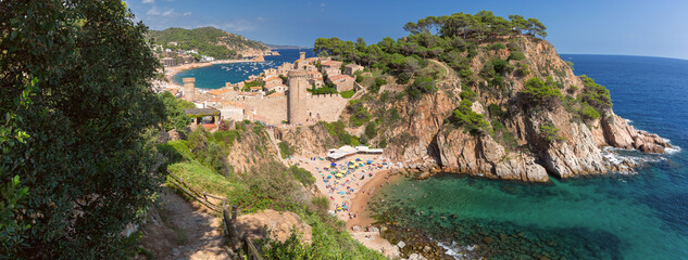 Picturesque view of coastal village and bay in Tossa de Mar with stone houses, Catalonia, Spain, © Kavalenkava