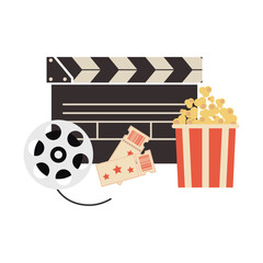 Cinema hand drawn vector illustration. Popcorn, tickets, clapperboard and film strip. Movie theatre composition in vintage colours