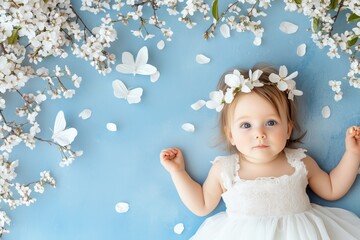 A small toddler in a lovely white dress adorned with colorful flowers lies among vibrant blossoms and butterflies, capturing the essence of joyful Easter and pure childlike innocence
