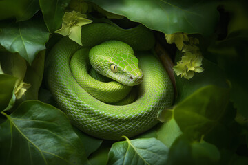 Fototapeta premium Green snake coiled among lush leaves and flowers, blending seamlessly into its natural jungle environment