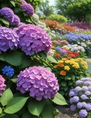 Fototapeta premium Hydrangea blooms in garden surrounded by colorful flowers, garden decor, hydrangea