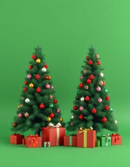 Two small Christmas trees stand on plain green background. Decorated with colorful ornaments. Several wrapped gift boxes sit beneath. Gifts various colours. Festive Christmas scene.