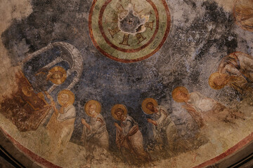 Church of St. Nicholas, Demre, Antalya, Türkiye. Dome of a Byzantine church painted with frescoes. 