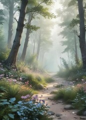 Obraz premium Misty forest with delicate flowers and foliage in soft watercolor style, , flowers
