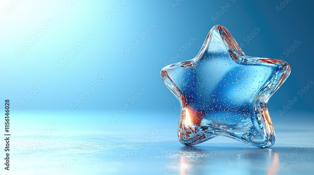 Poster a translucent star-shaped object with bubbles, reflecting light on a smooth surface.