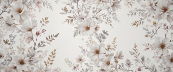 Delicate floral patterns on a subtle white background,  interior design,  wallpaper