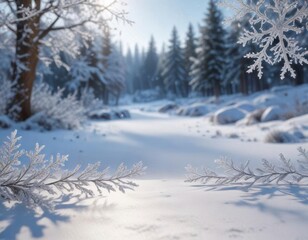 Fototapeta premium Delicate Snowflake Border Around a Winter Scene, winter wonderland, snowy scene