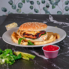 Grilled Chicken Burger with French Fries, Ketchup, and Mayo on Marble Table

