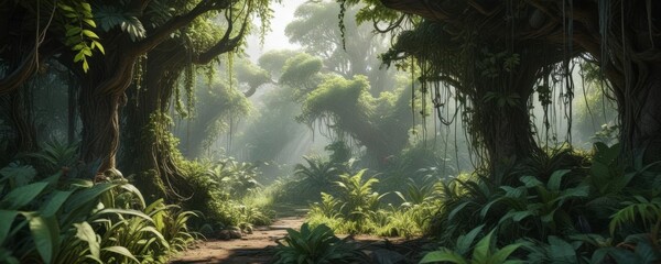 Dense foliage overgrown with vines and epiphytes, tropical jungle,  foliage