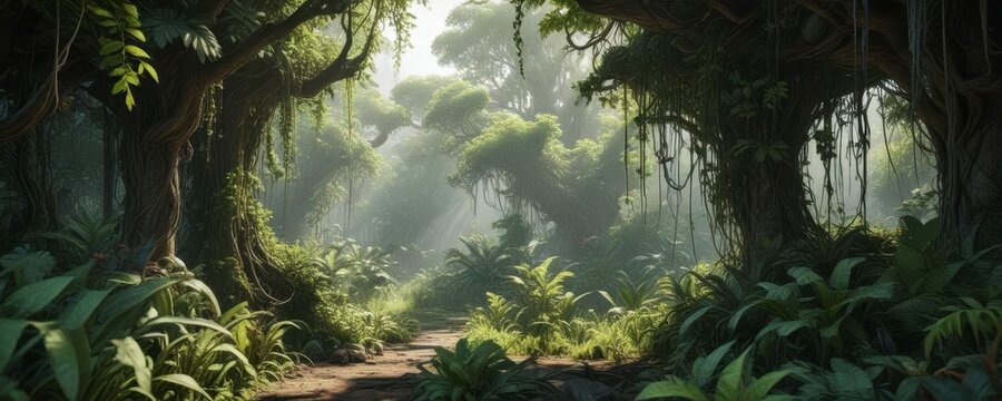 Dense foliage overgrown with vines and epiphytes, tropical jungle,  foliage