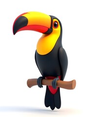 Naklejka premium Cartoon Toucan Bird Perched On Branch Vibrant Colors 3D Render