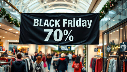 Black Friday sale banner highlights 70 off in busy shopping mall. Holiday shoppers crowd retail environment. Festive atmosphere with Christmas decorations. People rushing to get deals. Retail store