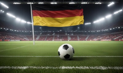 Fototapeta premium Football field with German flag waving in the air, sports ground, outdoor sports