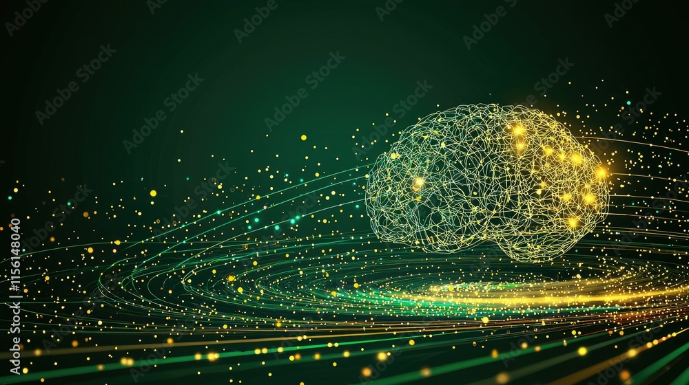 Poster abstract brain illustration with glowing connections and swirling data streams.