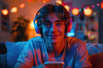 Obraz premium A cheerful person with headphones is watching a gaming live stream in a cozy, colorful room with vibrant lighting and playful ambiance.