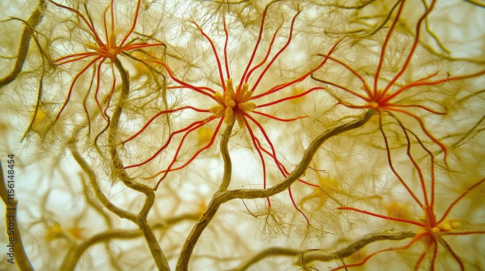 Aufkleber abstract close-up of intricate, branching, red and yellow structures resembling a network or veins.