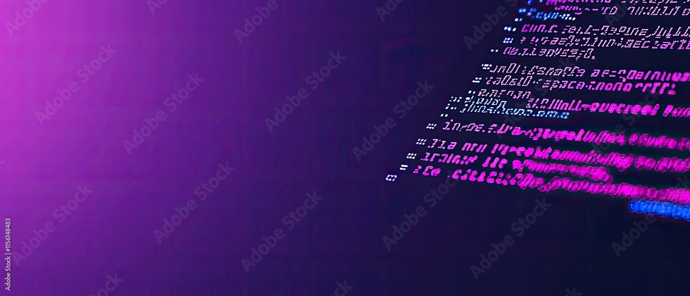 Poster abstract close-up of programming code on a dark screen with purple and pink hues.