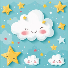 Cute cartoon stars and clouds on a soft pastel sky background, playful and cheerful design