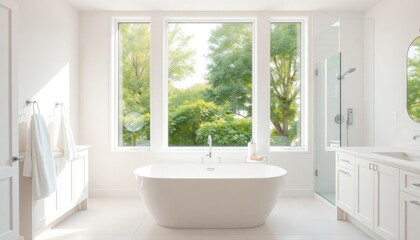Bright modern white bathroom features freestanding tub, large window rich plants outside. Clean minimalist design. Luxurious interior with natural light. Roomy, open space creates relaxing spa-like