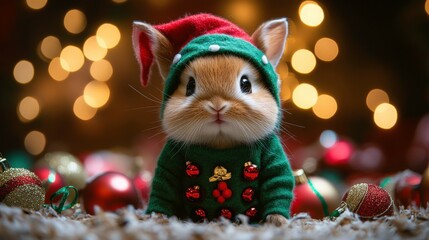 Adorable Bunny in Christmas Elf Costume Surrounded by Festive Ornaments and Lights, Bringing Joyful Holiday Cheer and Warmth to Any Seasonal Celebration