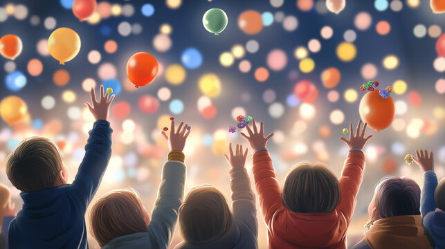 Children catching candy and balloons at three kings parade. With copy space